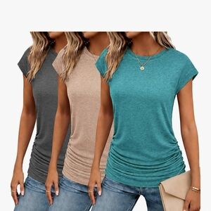 3pack-Women's Casual Short Sleeve Tops - Gray, Beige, Teal